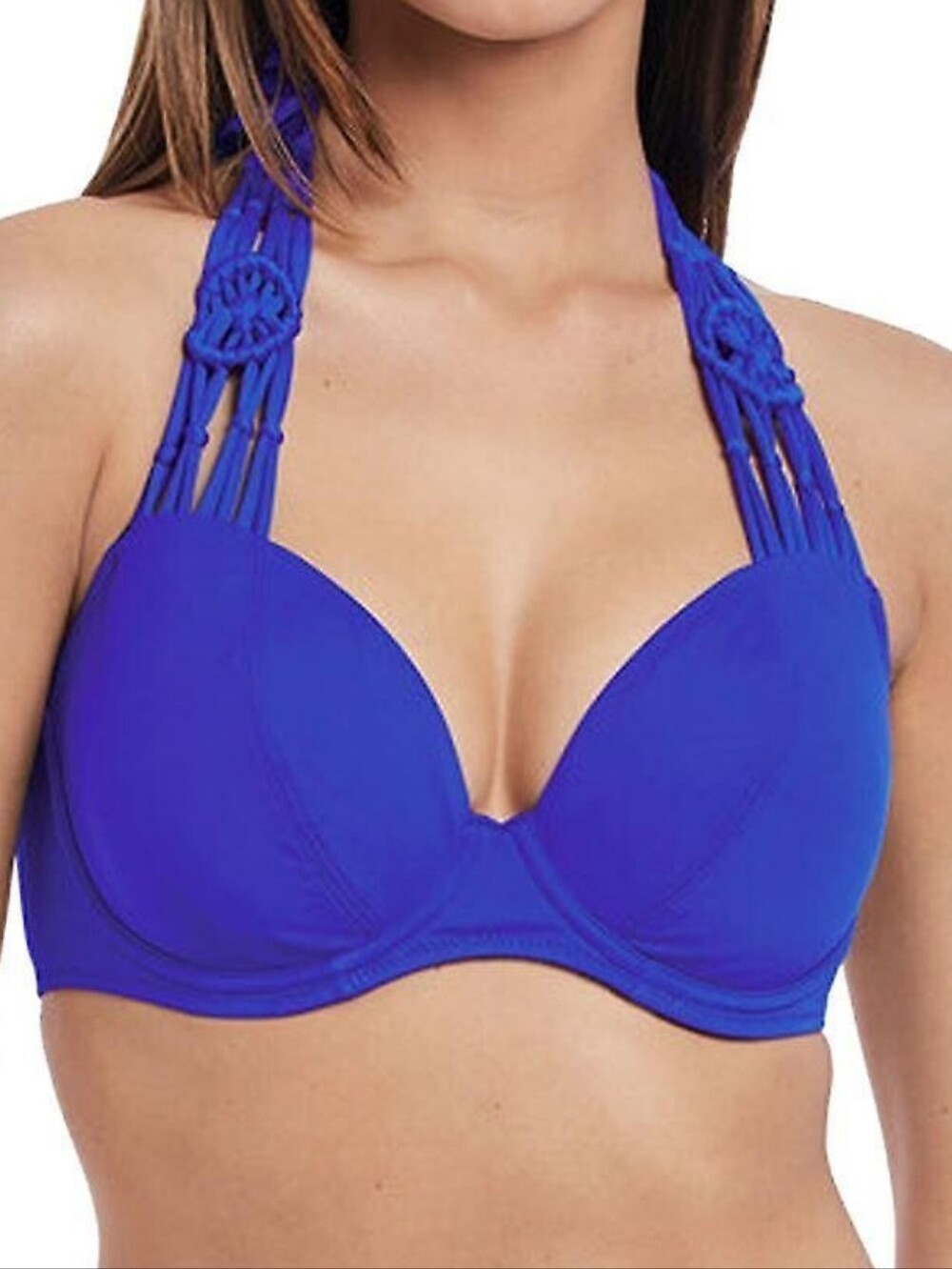Freya Women's Macrame Plunging Halter Bikini Top, Cobalt, US 34H